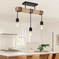 Lampe à Suspendre à 3 Lumières, Lampe de Chevet Rustique en Bois Noir