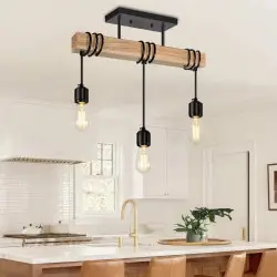 Lampe à Suspendre à 3 Lumières, Lampe de Chevet Rustique en Bois Noir