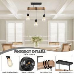 Lampe à Suspendre à 3 Lumières, Lampe de Chevet Rustique en Bois Noir