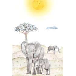 Safari Elephant Mural Decor - Beige and Blue Wall Art Framed Print...
