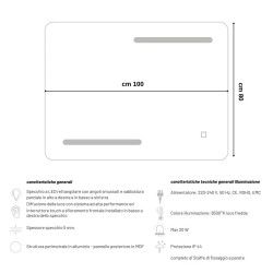 Rectangular LED Mirror with Siro Touch Switch, 100x80 cm, Color...