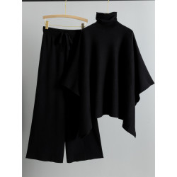 Completo Maglione Due Pezzi da Donna Autunno Inverno: Maglione a Collo Alto con Mantella e Pantaloni Larghi in Maglia Tinta Unit