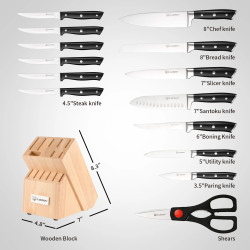 Set di 15 Coltelli da Cucina in Acciaio Inox con Ceppo in Legno Massiccio, Affilatore Interno e Forbici da Cucina