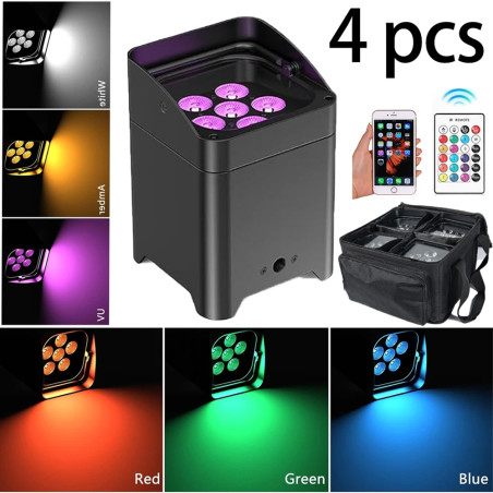Set di 4 Luci Par LED 6x18W 6 in 1 RGBAW+UV con Telecomando Wireless, Batteria Portatile per Discoteca, KTV, Bar, Illuminazione 