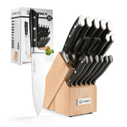 Set di 15 Coltelli da Cucina in Acciaio Inox con Ceppo in Legno Massiccio, Affilatore Interno e Forbici da Cucina