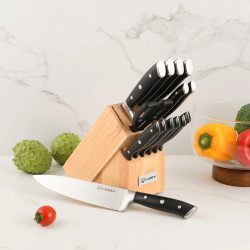 Set di 15 Coltelli da Cucina in Acciaio Inox con Ceppo in Legno Massiccio, Affilatore Interno e Forbici da Cucina