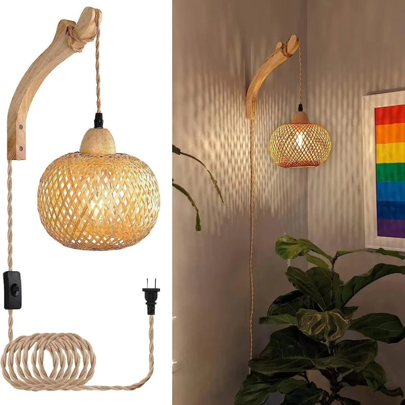 Rustique casale retrò tessuto de bambou E27 lampe murale LED ronde…