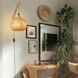 Rustic Rural Bamboo Weave E27 LED Wall Light Round Indoor Home Decor…
