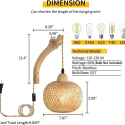 Rustique casale retrò tessuto de bambou E27 lampe murale LED ronde…