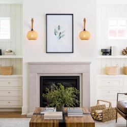 Modern Woven Rattan Wall Sconce with Wood Body and Beige Shutter