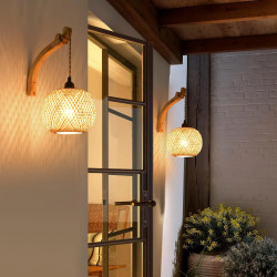 Modern Woven Rattan Wall Sconce with Wood Body and Beige Shutter